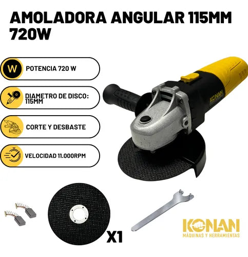 Amoladora Angular Konan KC115 760W - Disco 115mm con Kit Completo